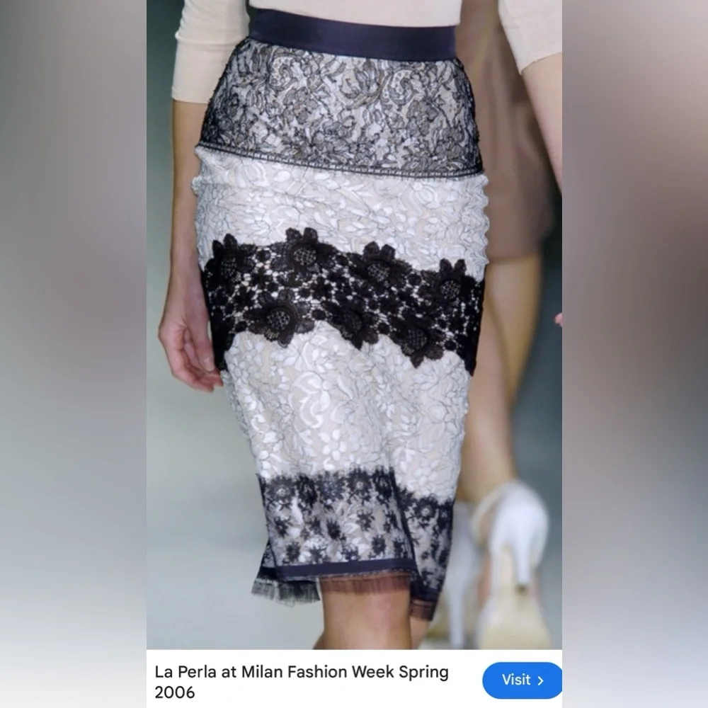 La Perla Lace Black & Cream Pencil Midi Skirt RTW Spring 2006 size 44 US 8 $1250